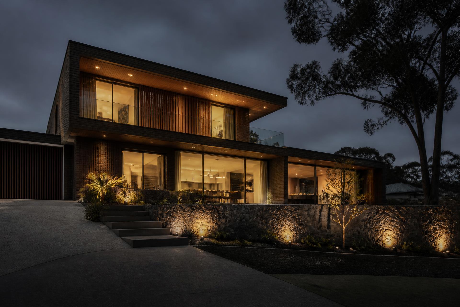 Newly completed contemporary Australian home at dusk, ready for handover